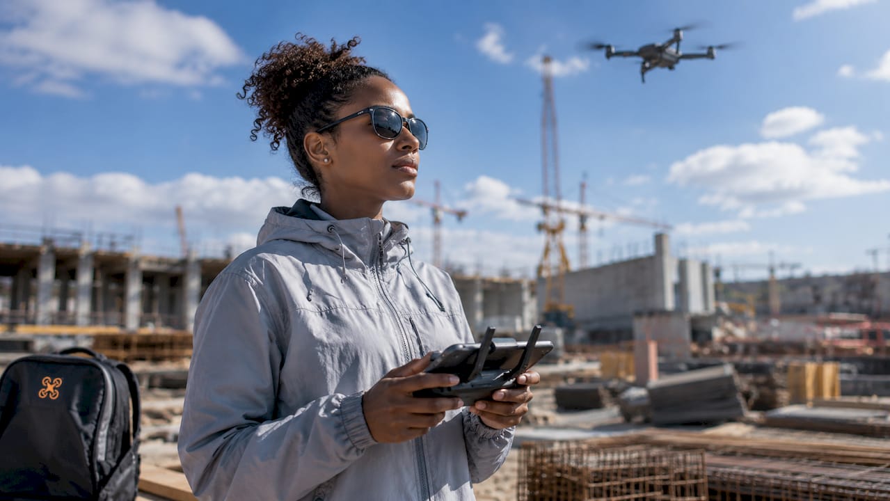Une femme pilote un drone sur un chantier de construction