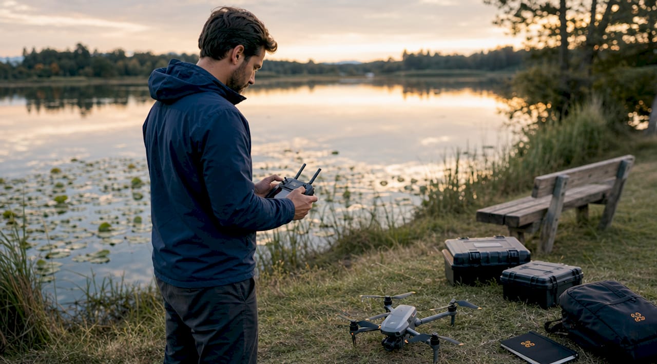 Un pilote de drone s'apprête à effectuer des réglages sur son appareil avant de le faire décoller, en pleine nature.