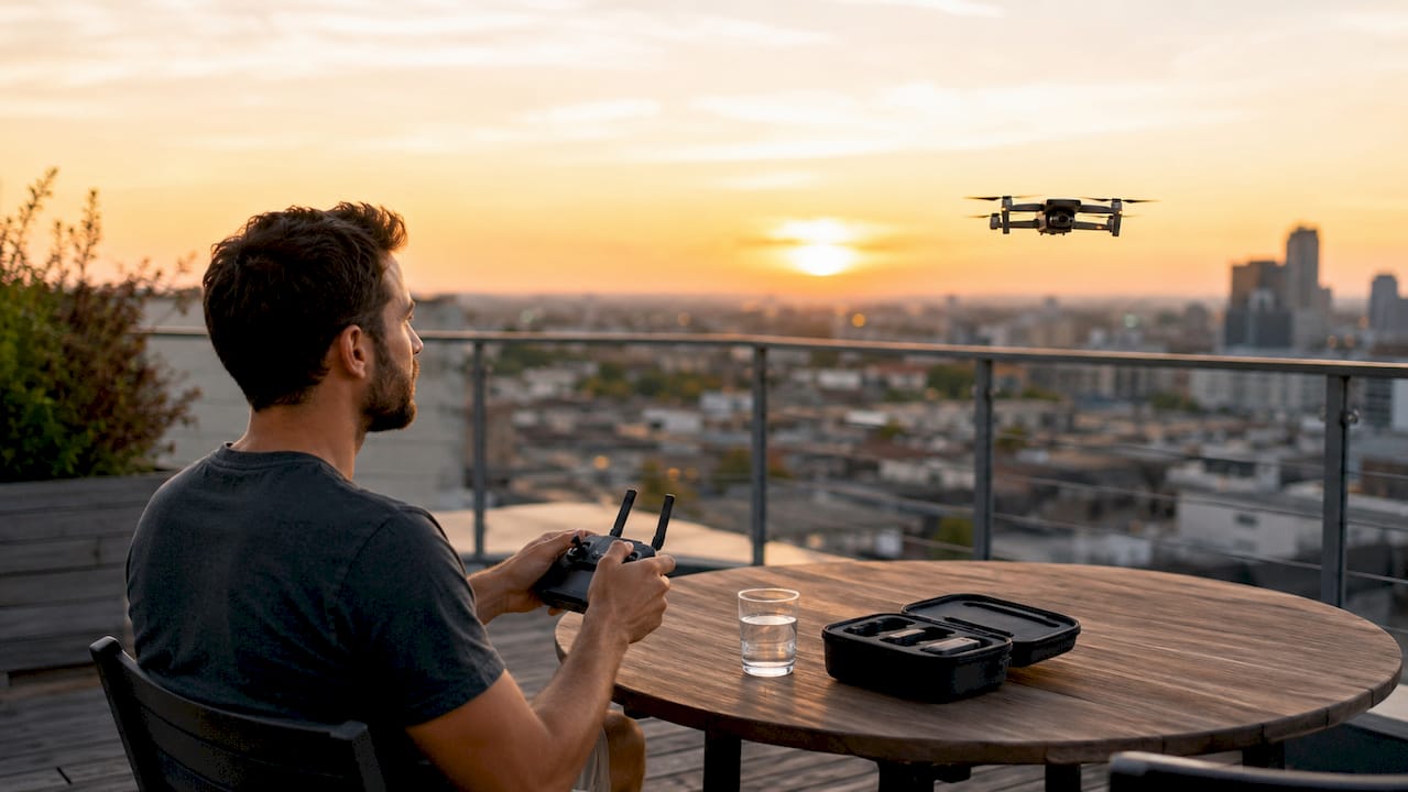 Un passionné de drones aux commandes de son appareil en plein air.
