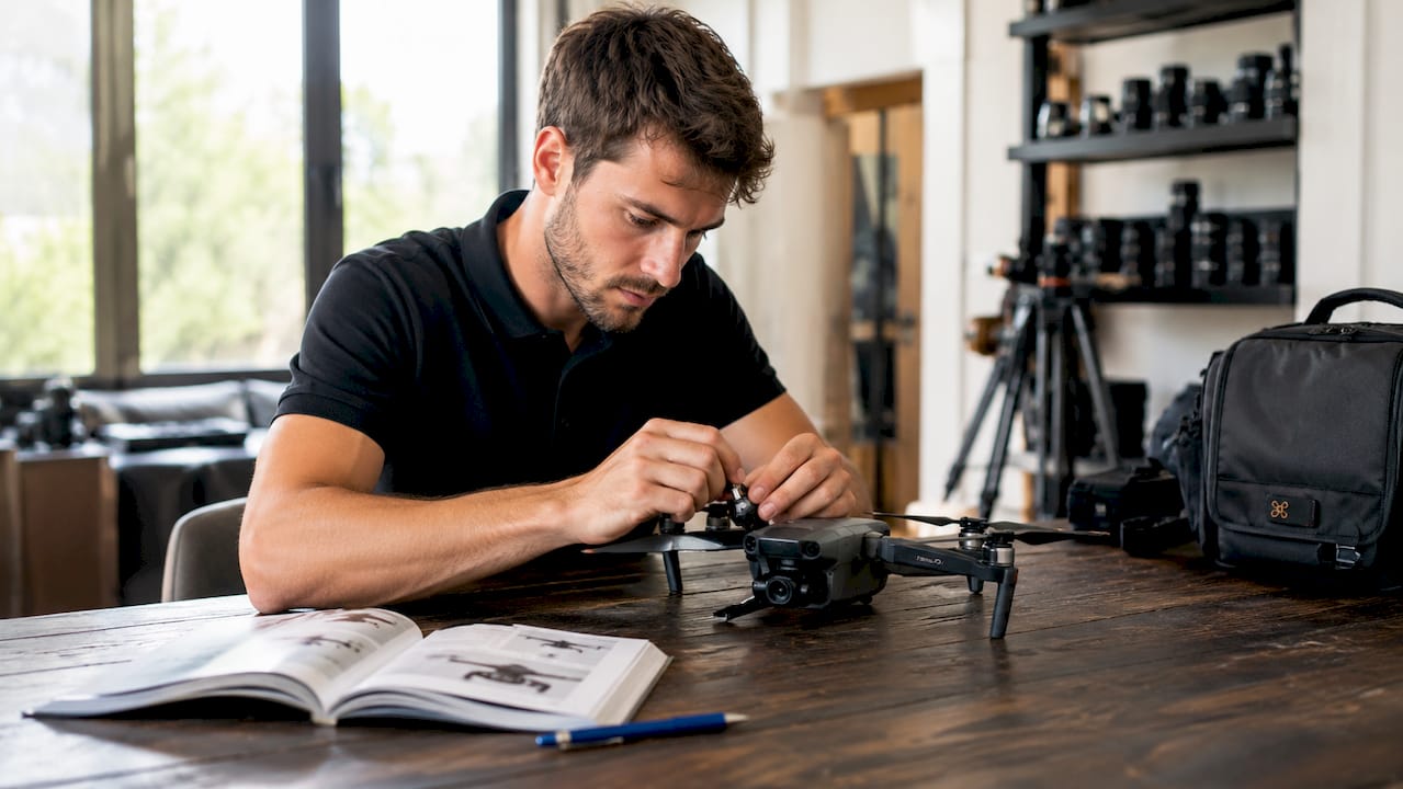 Un vidéaste s'apprête à mettre en route un drone dans son studio de production.
