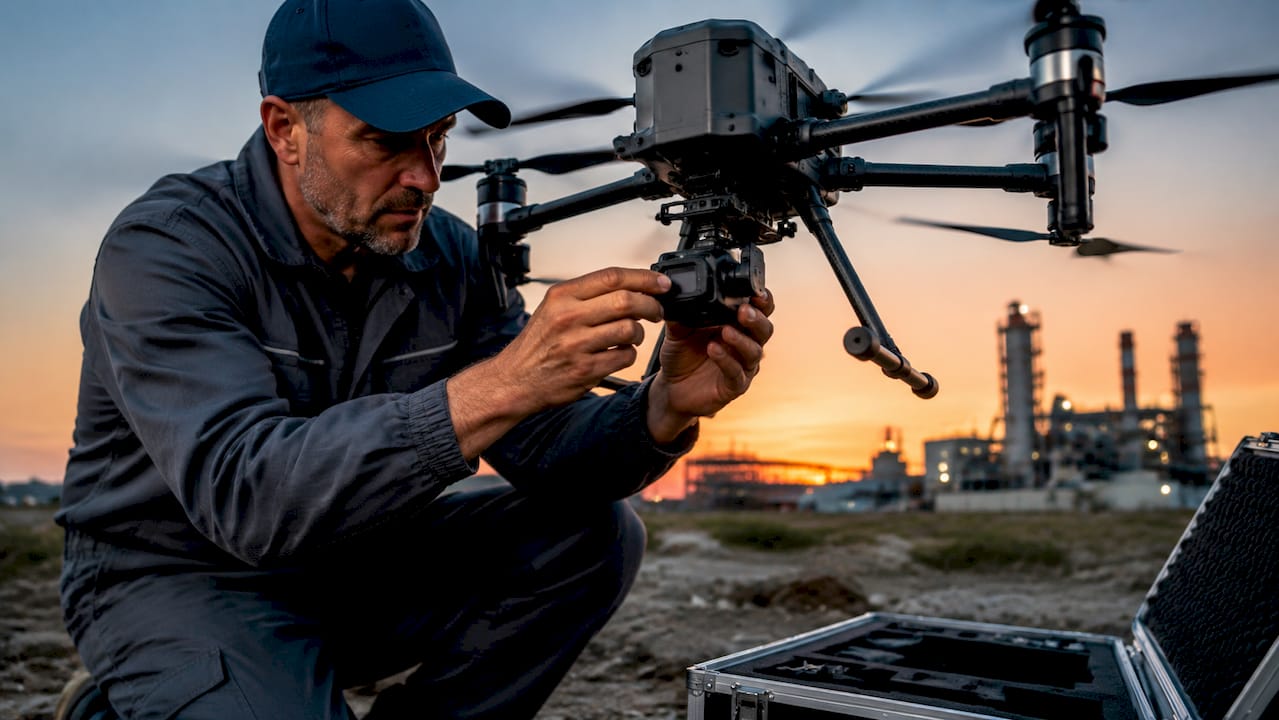 Un technicien spécialisé prépare une caméra thermique sur un drone en plein air.