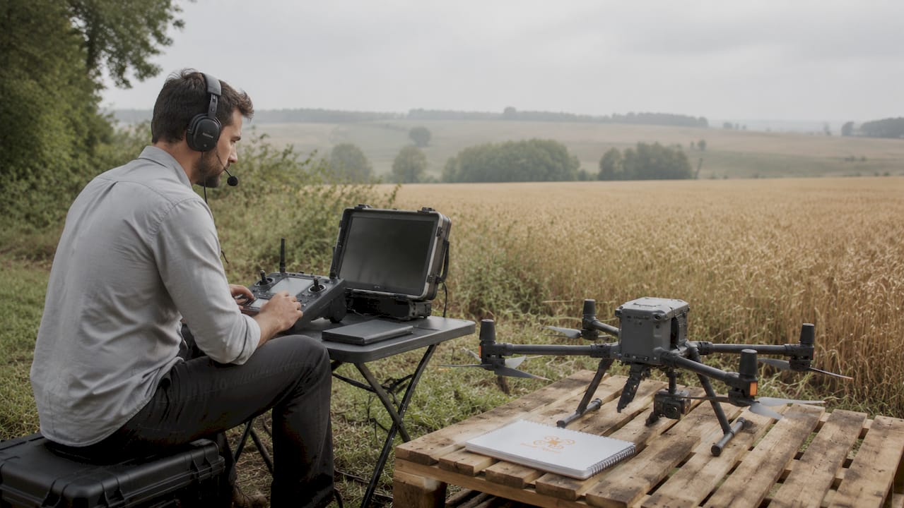 Un pilote de drone se prépare à réaliser une prise de vue aérienne panoramique.