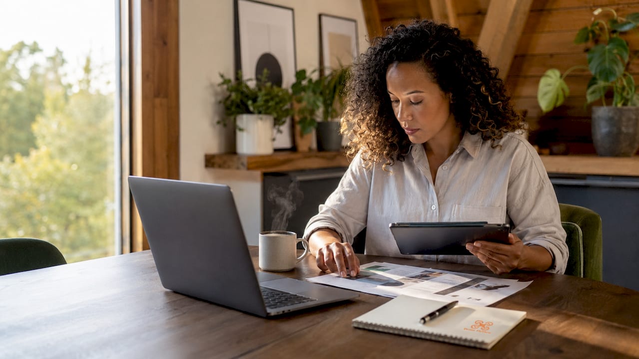 Une femme examine des dossiers pour évaluer les avantages de l’utilisation de drones dans le secteur immobilier.