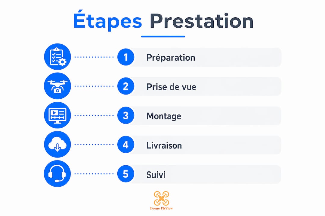 Visuel explicatif des différentes étapes d’une prestation de prises de vue aériennes par drone dans l’immobilier