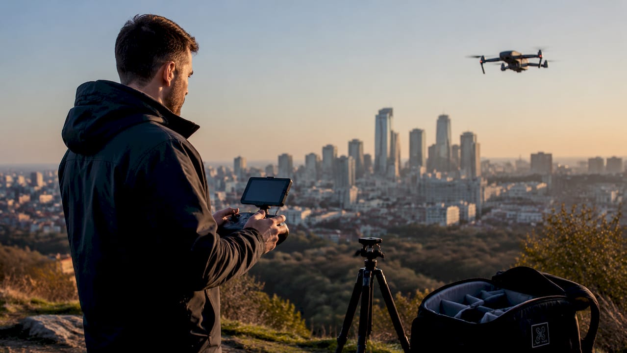 Opérateur de drone en train de régler la qualité d’image en plein air