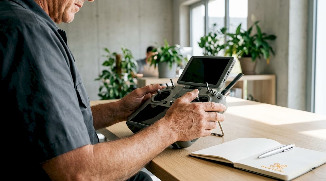 Des mains expertes aux commandes d’une télécommande de drone professionnel