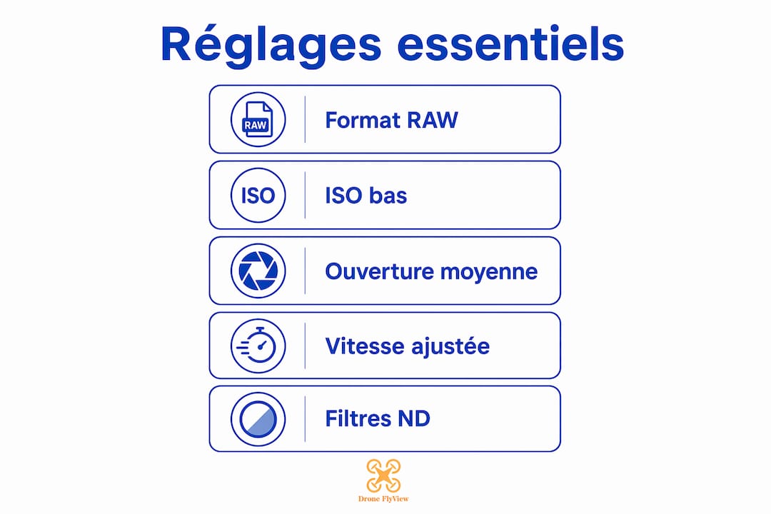 Guide visuel des réglages incontournables pour réussir ses photos au drone