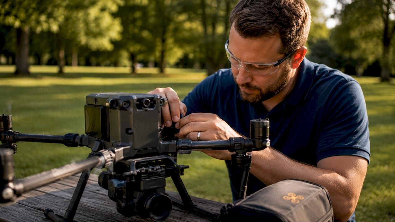 Un technicien procède aux réglages d’une caméra montée sur drone dans l’atelier.