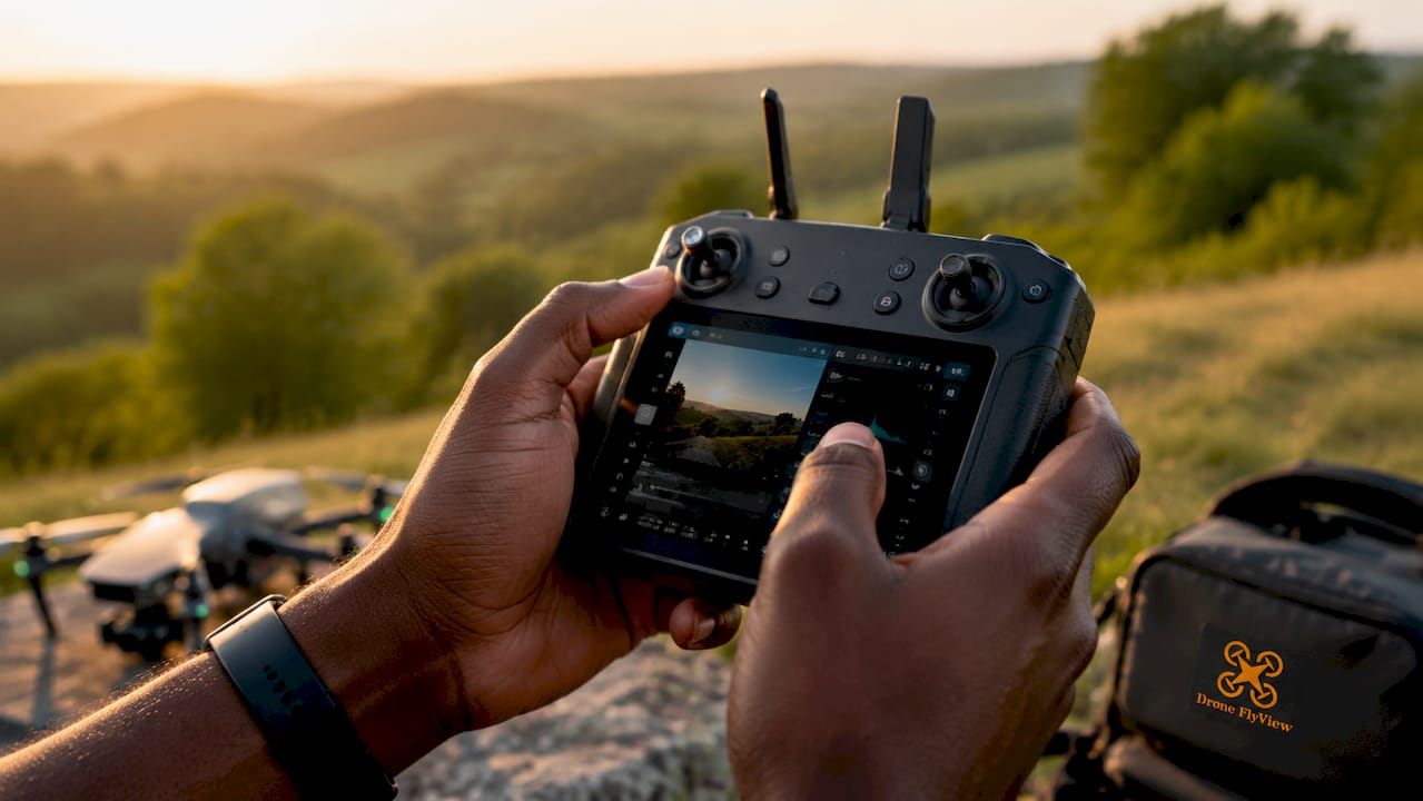 Des mains règlent les paramètres de la caméra du drone directement sur la télécommande.