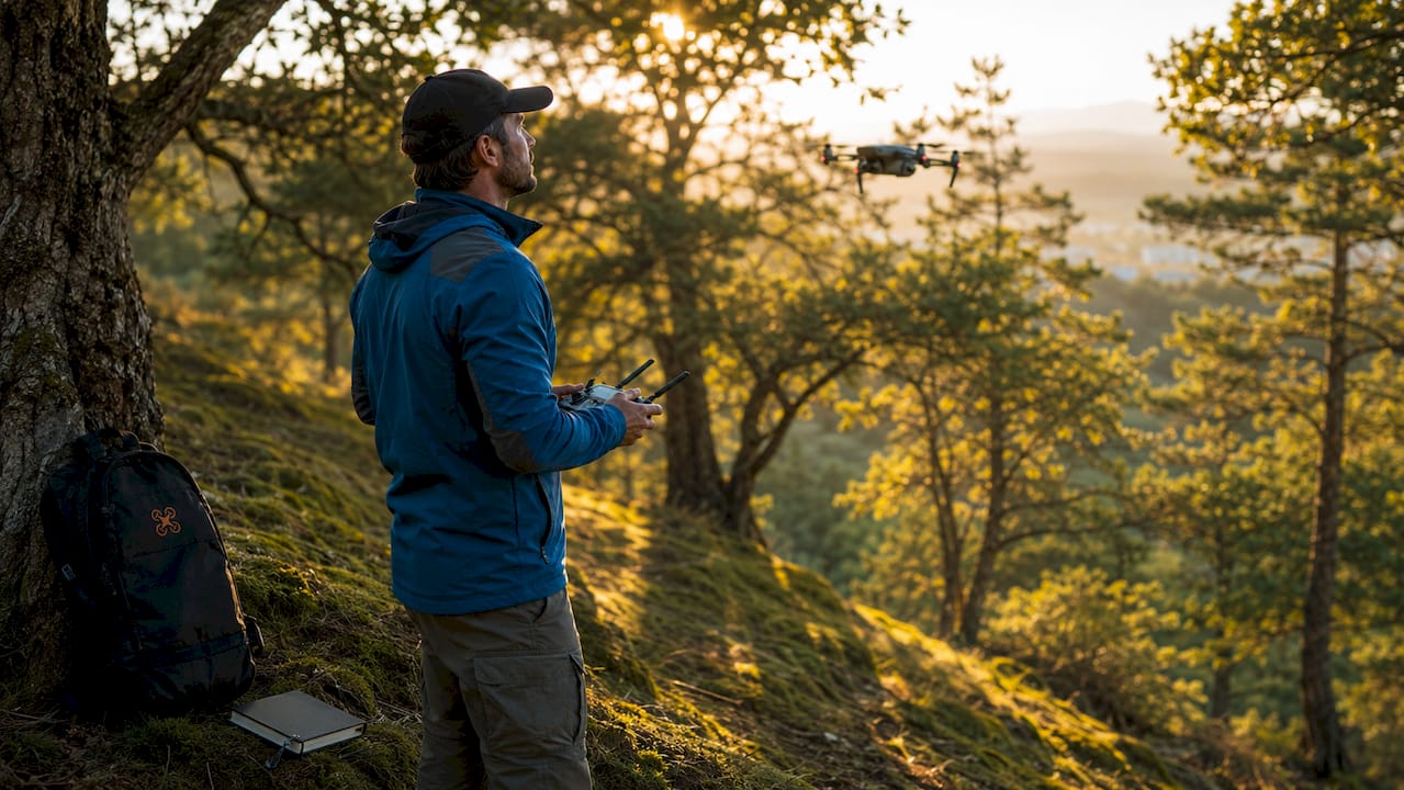 Un pilote de drone capturant des images aériennes en extérieur.