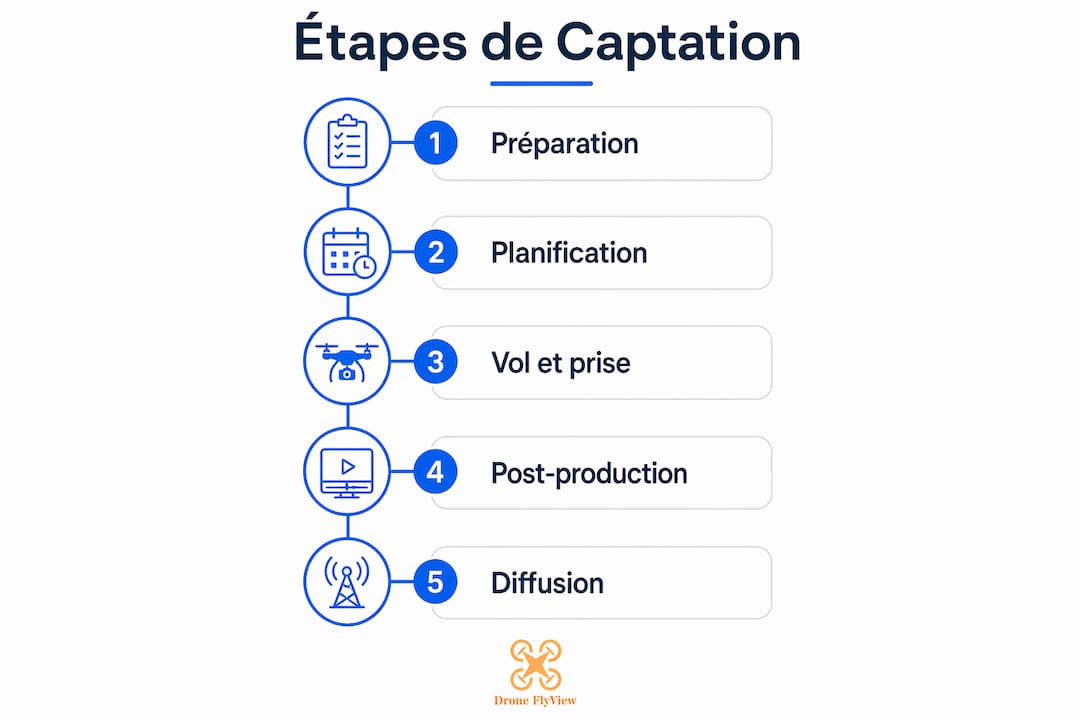 Infographie illustrant les différentes étapes de la captation vidéo par drone