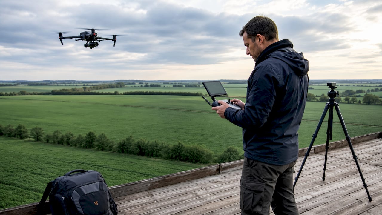 Pilote de drone professionnel en pleine opération en extérieur