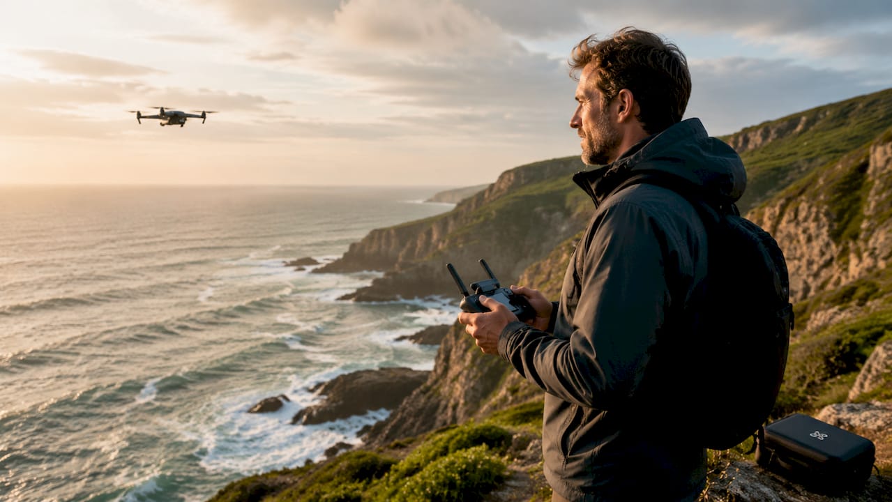 Photographe pilotant un drone pour réaliser des prises de vue aériennes