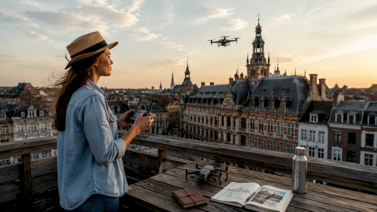Un photographe pilote son drone au cœur de la ville, capturant des images inédites depuis les airs.