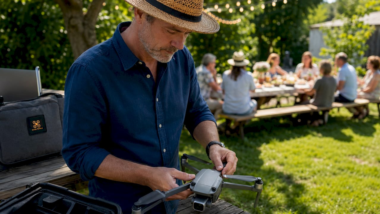 Un homme s'apprête à faire décoller un drone ultraléger lors d'une fête en plein air.
