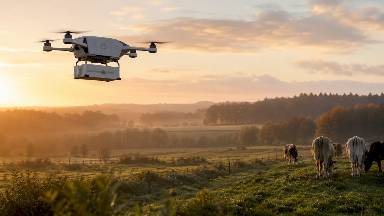 Un drone médical survole une artère urbaine pour assurer la livraison rapide de soins ou de matériel.