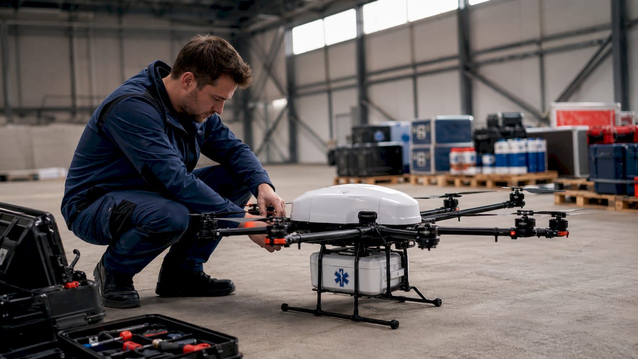 Un technicien contrôle un drone destiné au transport médical à l’intérieur d’un hangar.