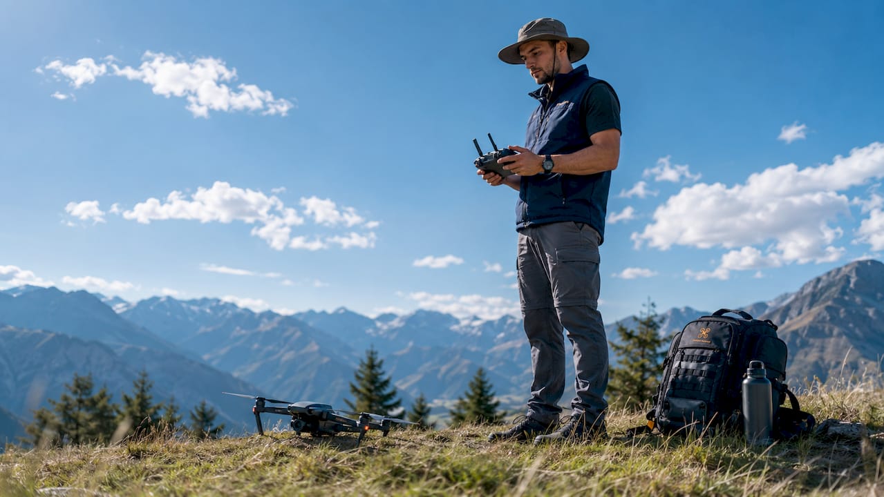 Aux premières lueurs du jour, un pilote de drone s’installe pour capturer des images aériennes, profitant de la douceur du lever de soleil.