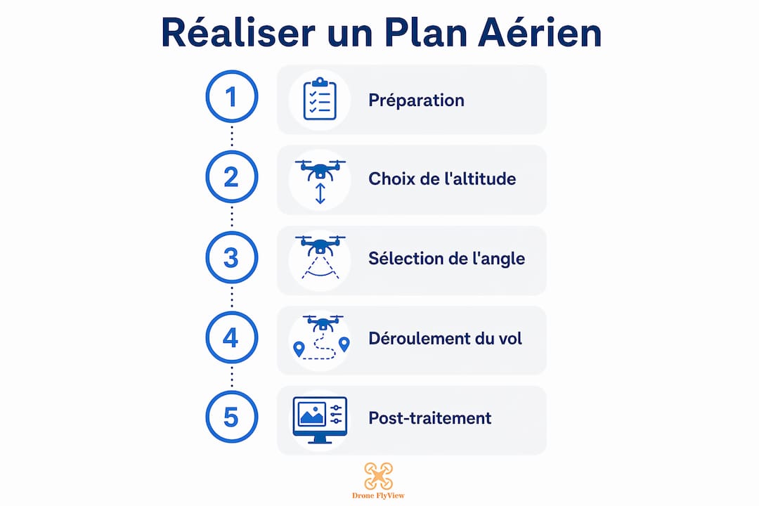 Découvrez une infographie détaillée qui vous guide pas à pas pour réussir vos prises de vue aériennes en photographie.