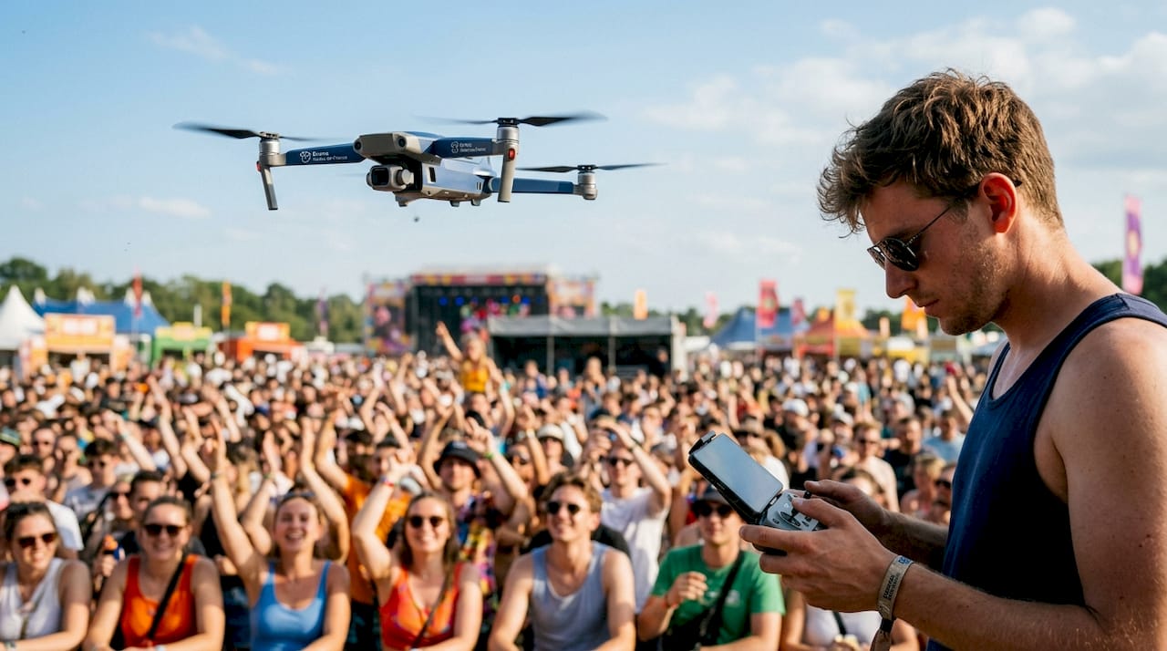 Vue aérienne d'un festival en plein jour, immortalisée par un drone au-dessus de la foule en effervescence.