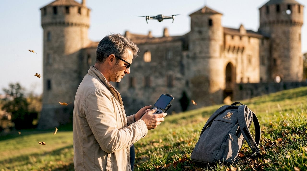 Un pilote de drone réalise des prises de vue aériennes d’un château historique en pleine nature.