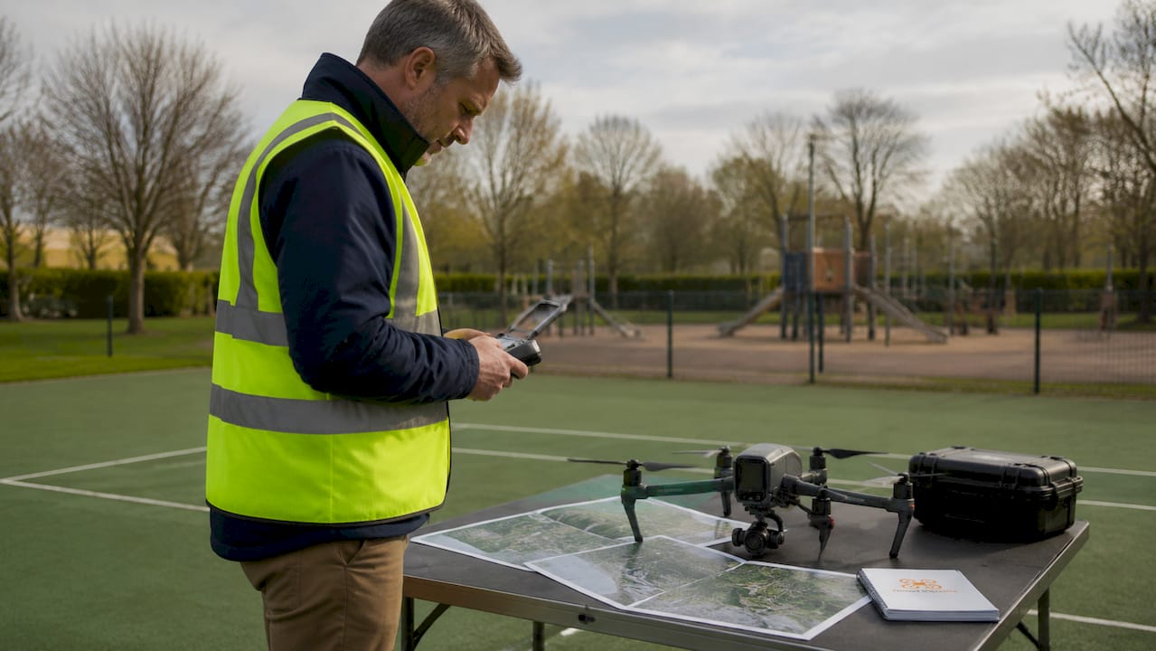 Un pilote de drone s'apprête à faire décoller son appareil devant la mairie.