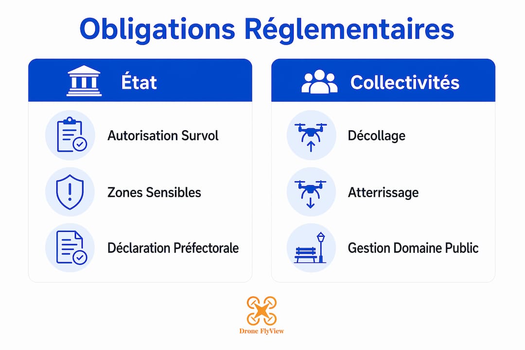 Infographie mettant en parallèle les responsabilités liées à l'utilisation des drones par l'État et les collectivités territoriales