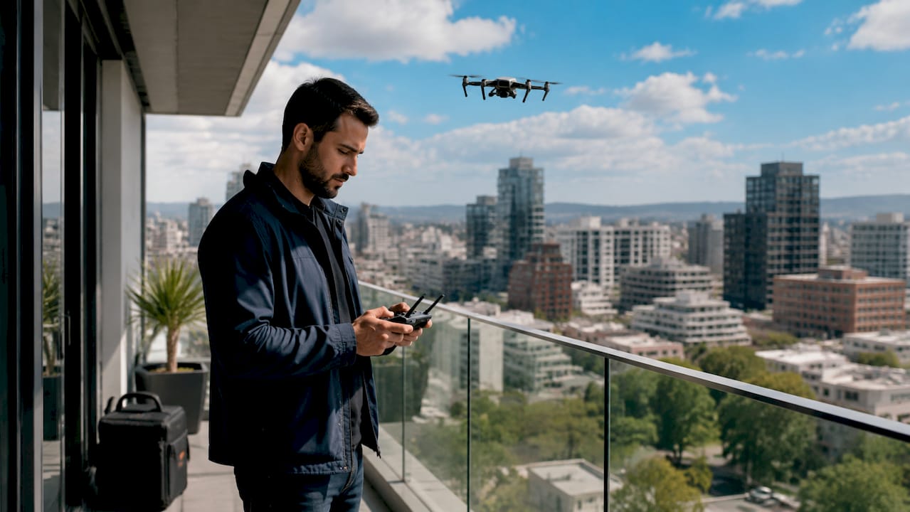 Un photographe dirige son drone depuis le toit d’un immeuble