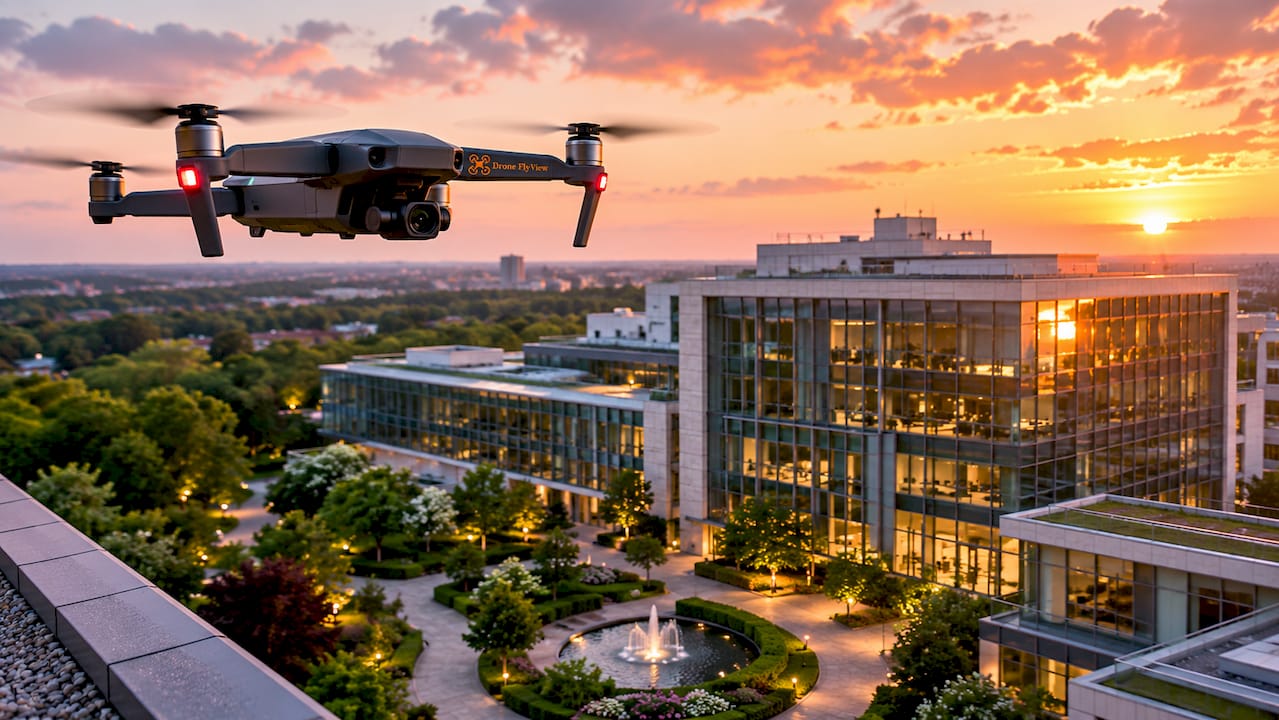 Un drone survole un immeuble contemporain.