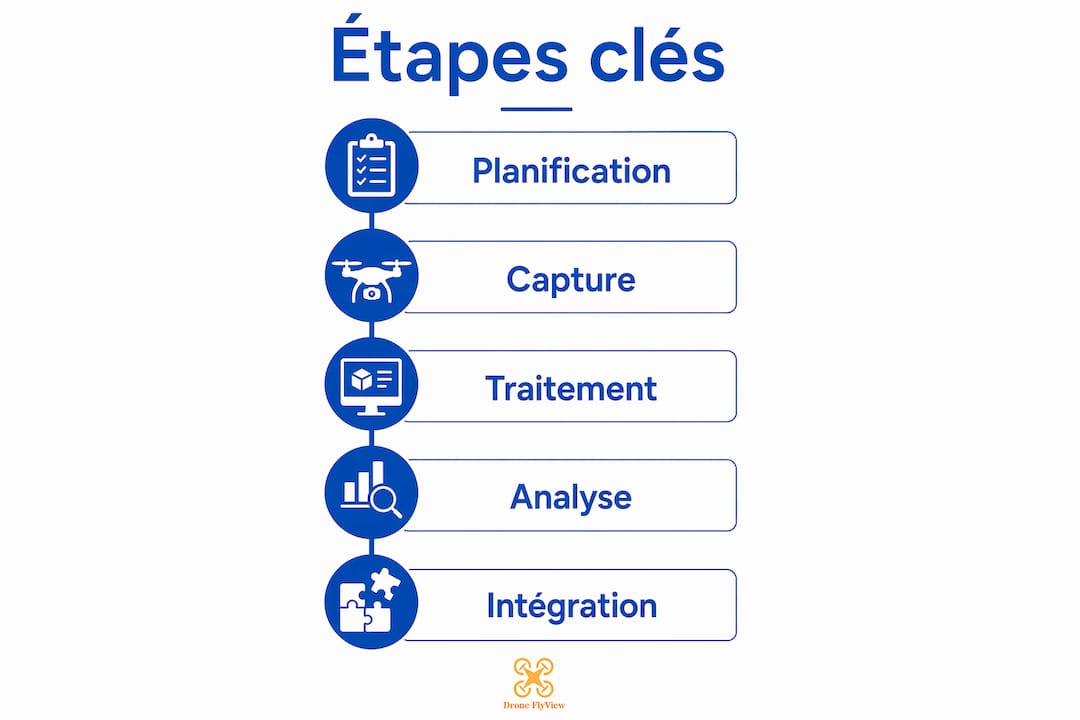 Les grandes étapes d'un projet de prises de vue aériennes, illustrées en infographie
