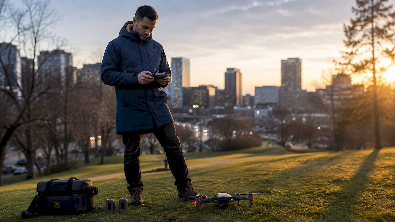 Un pilote de drone s’apprête à réaliser une prise de vue aérienne.