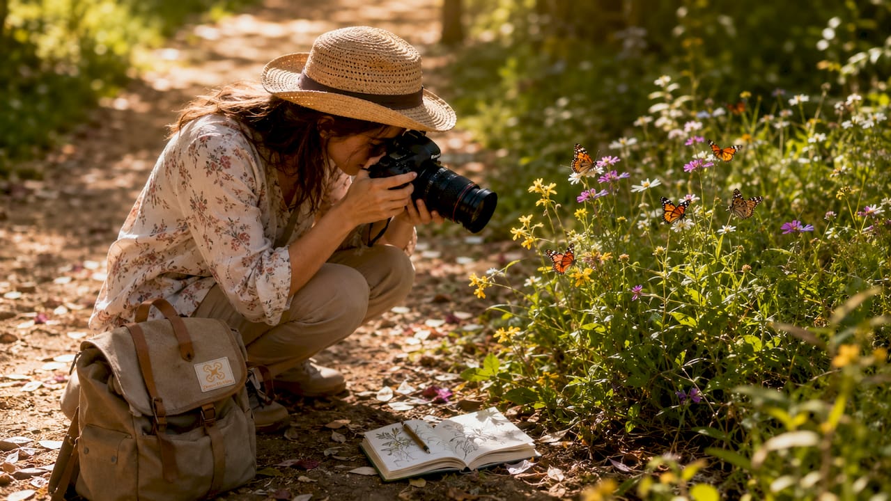 Un photographe allongé dans l'herbe, appareil en main, immortalise les fleurs à ras du sol.