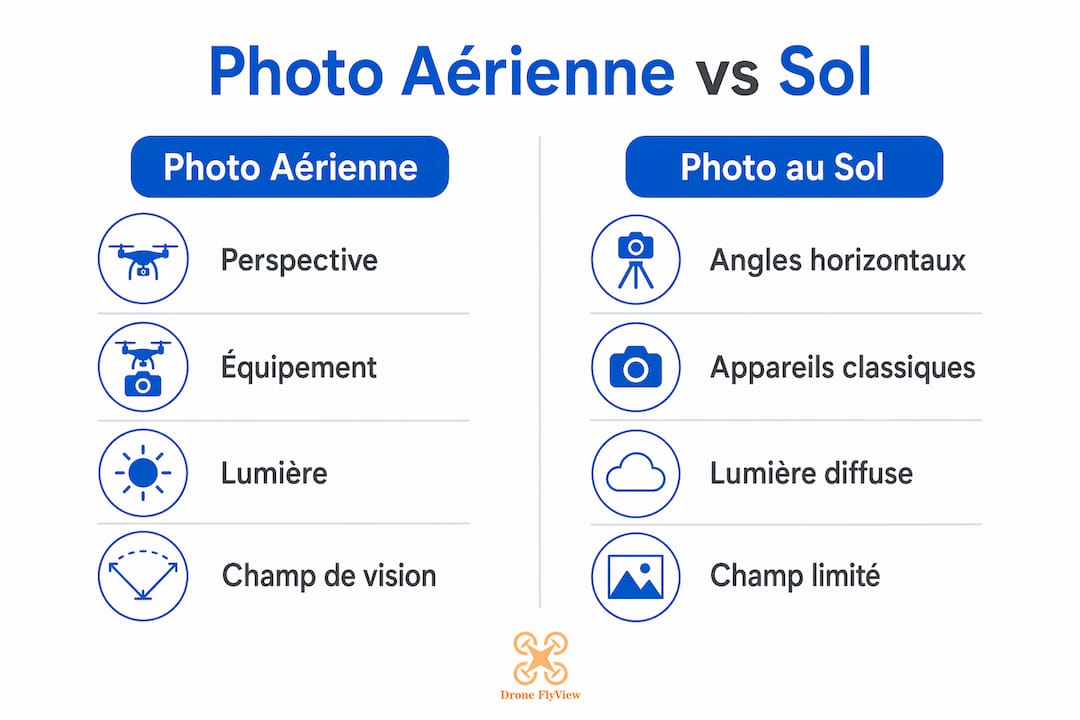 Infographie mettant en parallèle les prises de vue aériennes et les photos réalisées depuis le sol