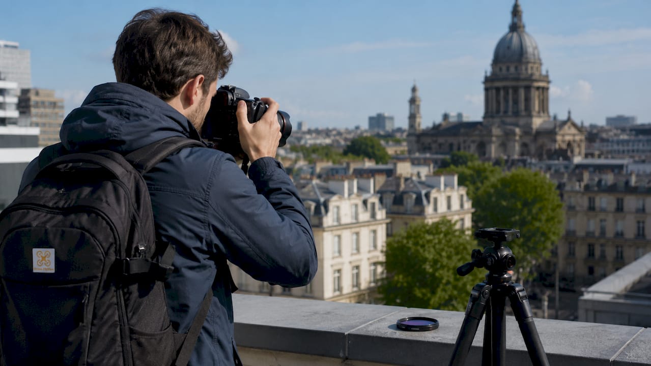 Un photographe en pleine séance photo à l'intérieur, équipé de son reflex.