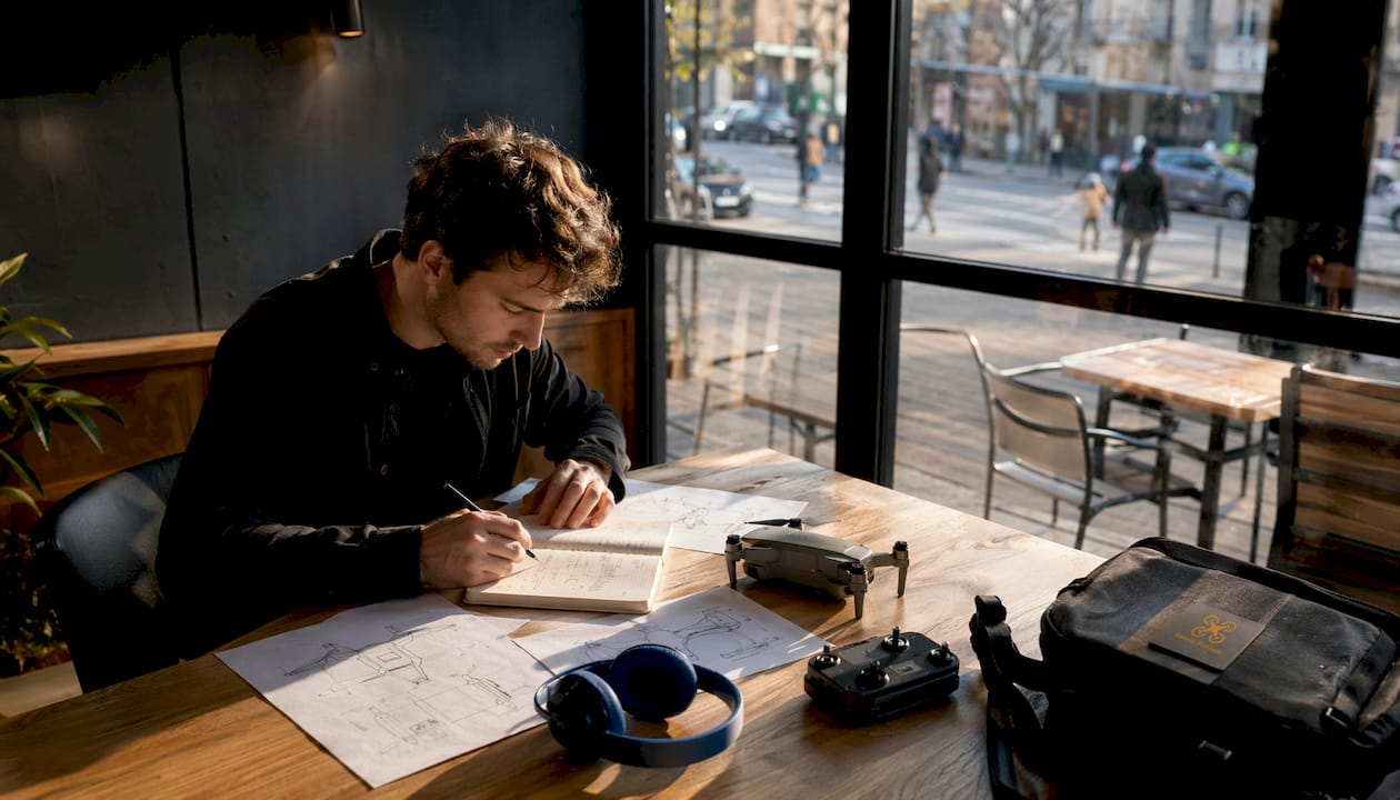 Un vidéaste en plein travail de préparation pour le montage d’une vidéo réalisée avec un drone, installé dans son bureau.