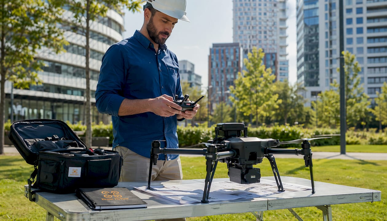 Un pilote s'apprête à faire décoller son drone sur un terrain en pleine campagne.