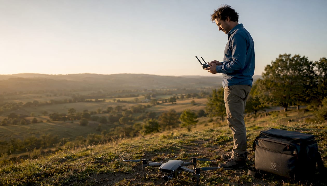 Un photographe s’apprête à faire décoller son drone pour réaliser des prises de vue aériennes.