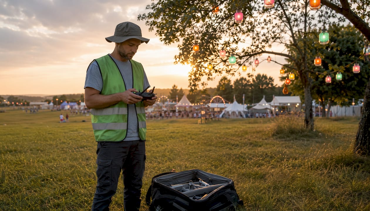 Un pilote de drone se prépare à capturer des images aériennes lors d’un festival.