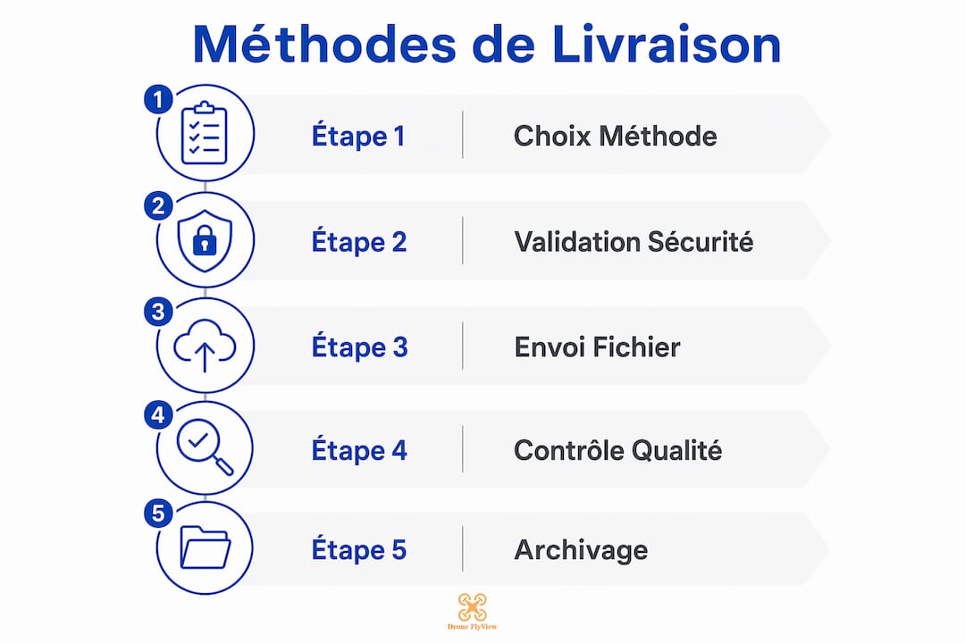 Schéma explicatif des différentes étapes pour la remise des vidéos réalisées par drone
