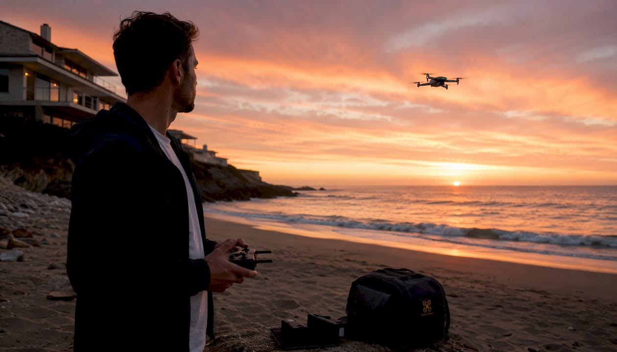 Un pilote de drone survole une propriété au printemps.