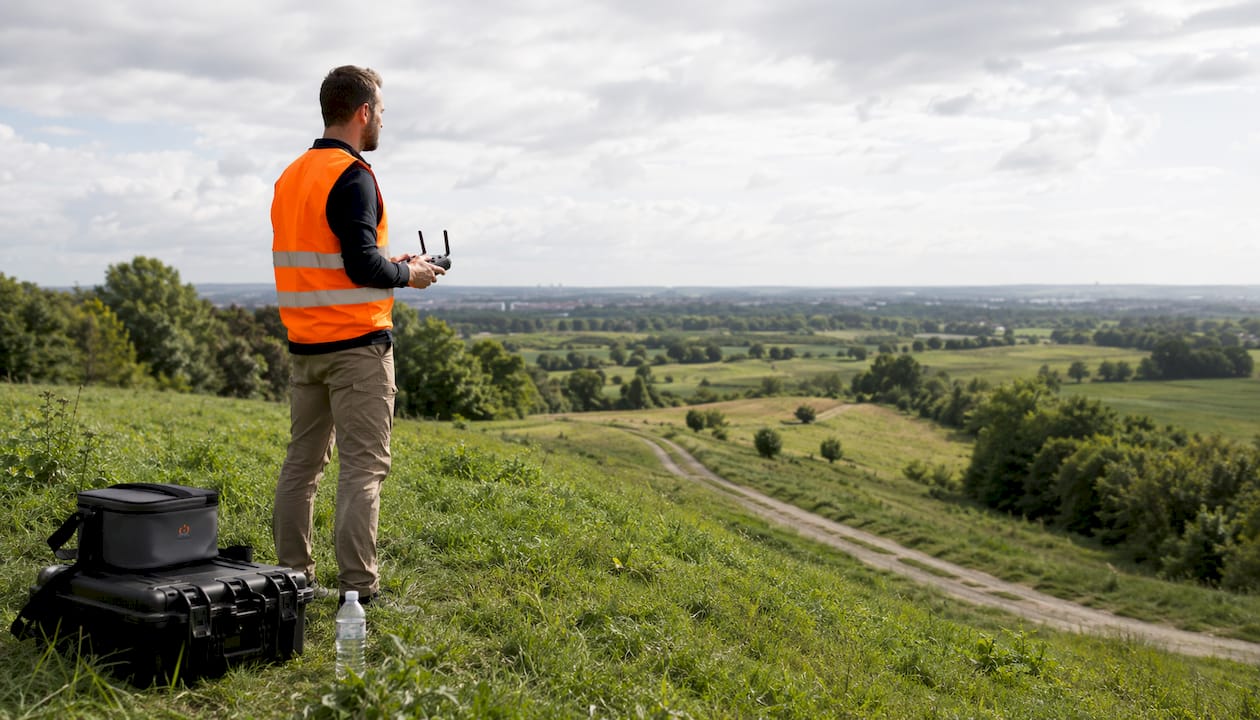 Un pilote de drone s'apprête à faire décoller son appareil en plein air, aux environs de Lille.
