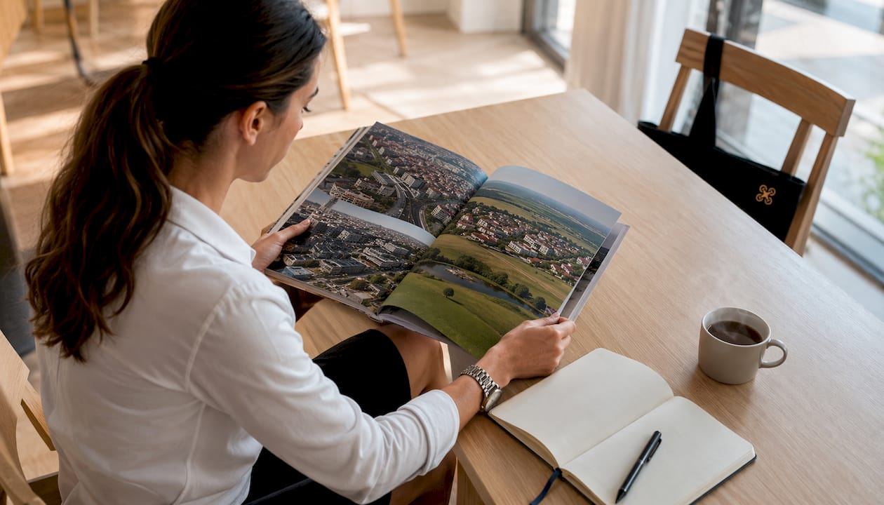 Des mains feuillettent un portfolio de photos illustrant les prestations de drones.