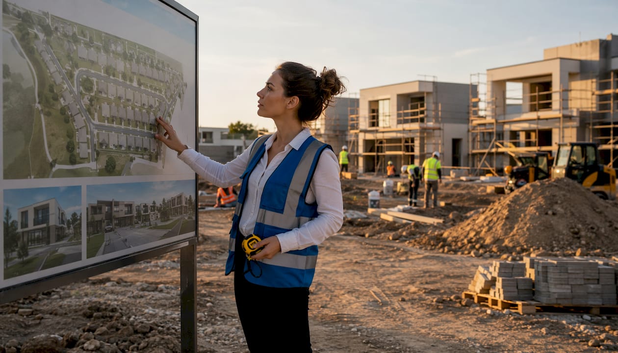 Un agent immobilier examine une orthophoto sur sa tablette pour mieux conseiller ses clients.