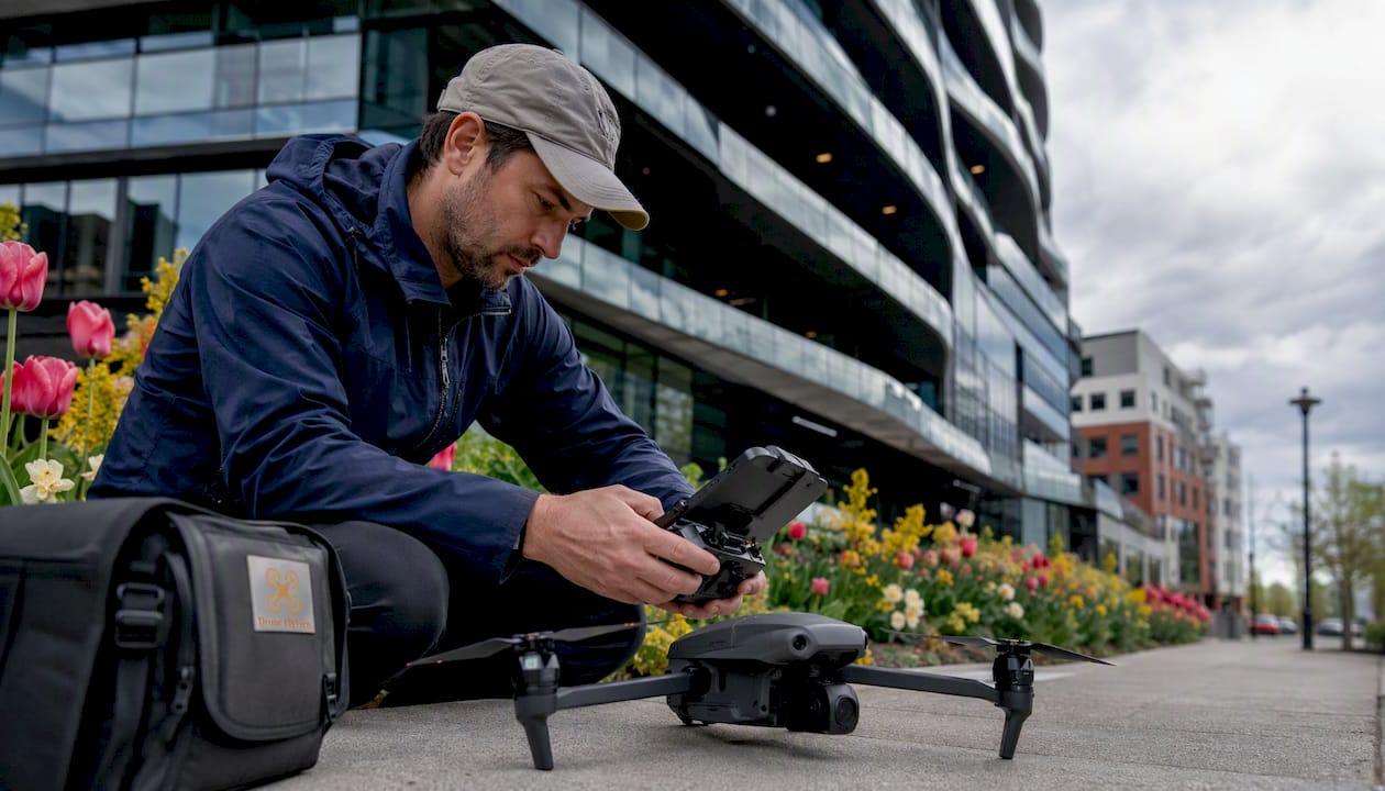 Un photographe professionnel spécialisé dans la prise de vue aérienne par drone réalise un shooting devant la façade d’un bâtiment.