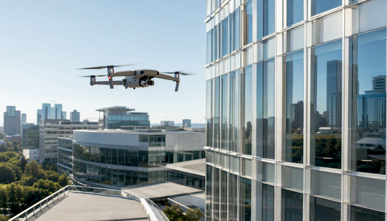 Un drone survole une façade en pierre sous un ciel légèrement voilé.
