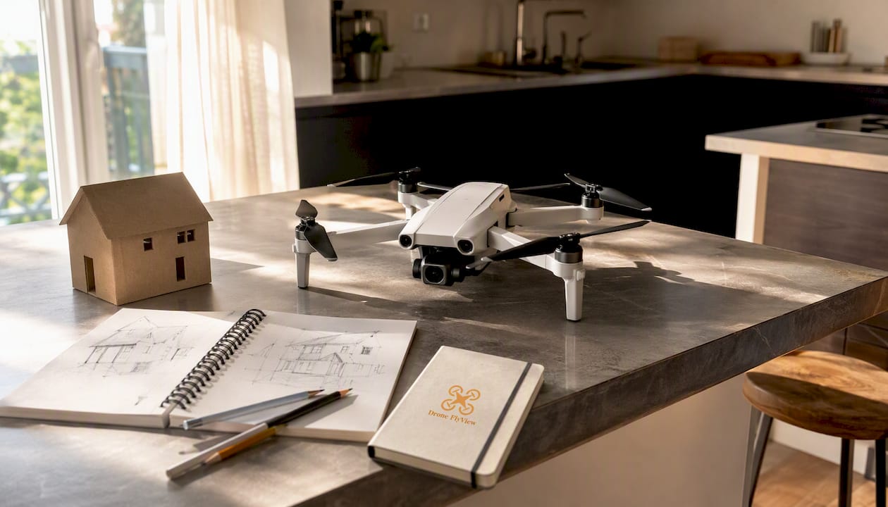 Vue aérienne d’un drone sur des documents de planification immobilière