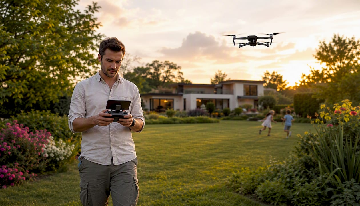Un opérateur de drone pilote son appareil en plein air.
