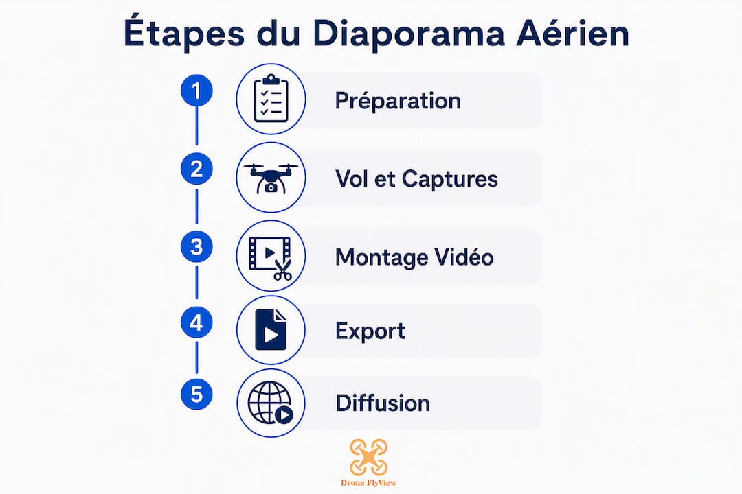 Infographie : les différentes étapes pour réaliser un diaporama aérien destiné à la mise en valeur d’un bien immobilier