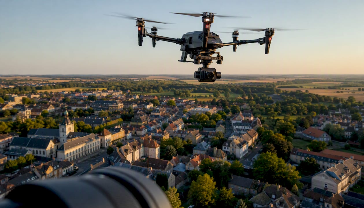 Un drone survole la ville afin de réaliser une cartographie détaillée du secteur.