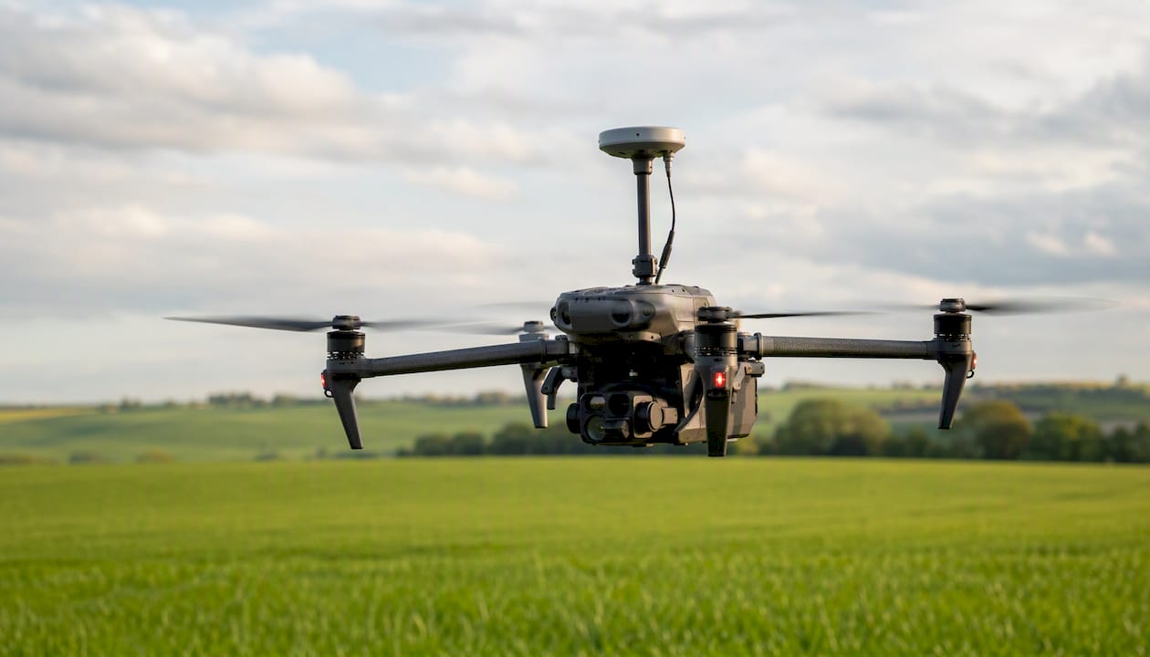 Un drone équipé d'une antenne RTK GNSS en plein vol
